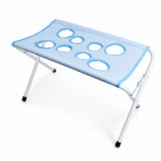 Foldable pet grooming stand in light blue on a white background