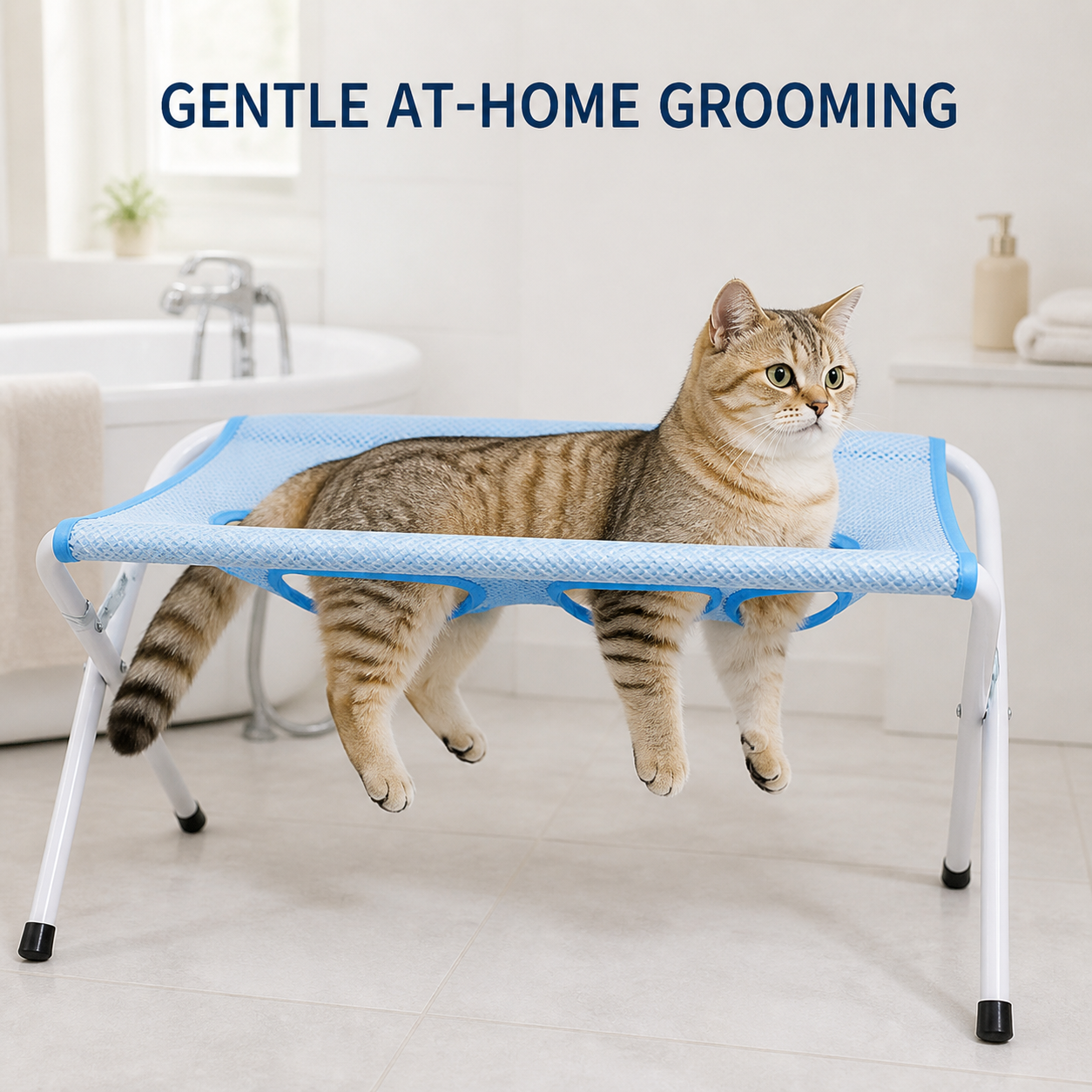 Cat using the foldable grooming stand at home