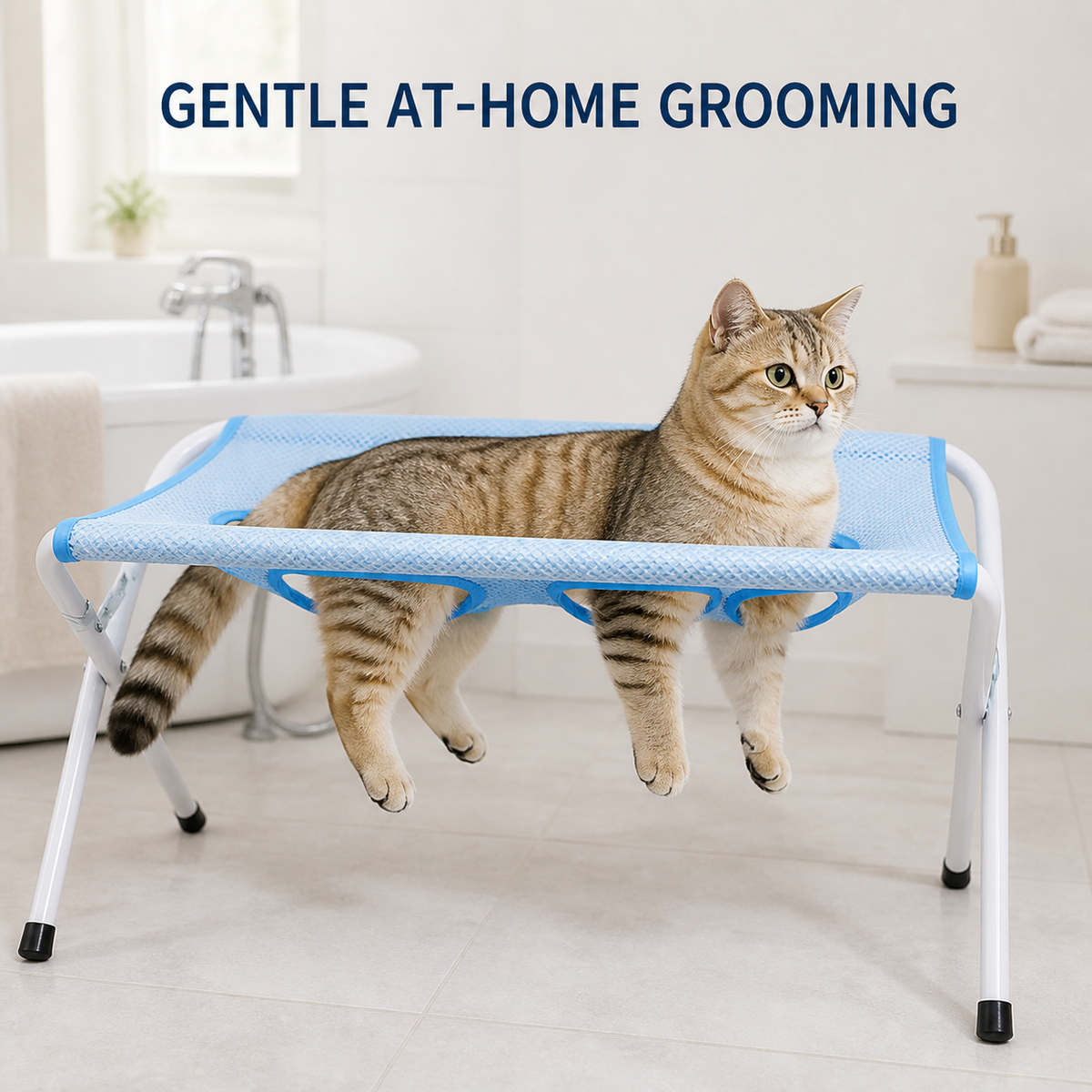 Cat using the foldable grooming stand at home