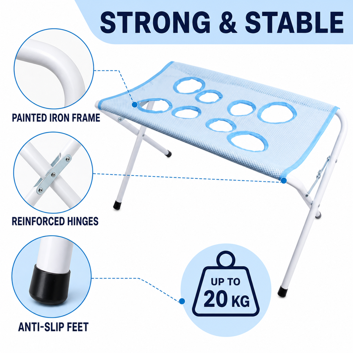 Painted iron frame, reinforced hinges, anti-slip feet, and 20 kilogram capacity