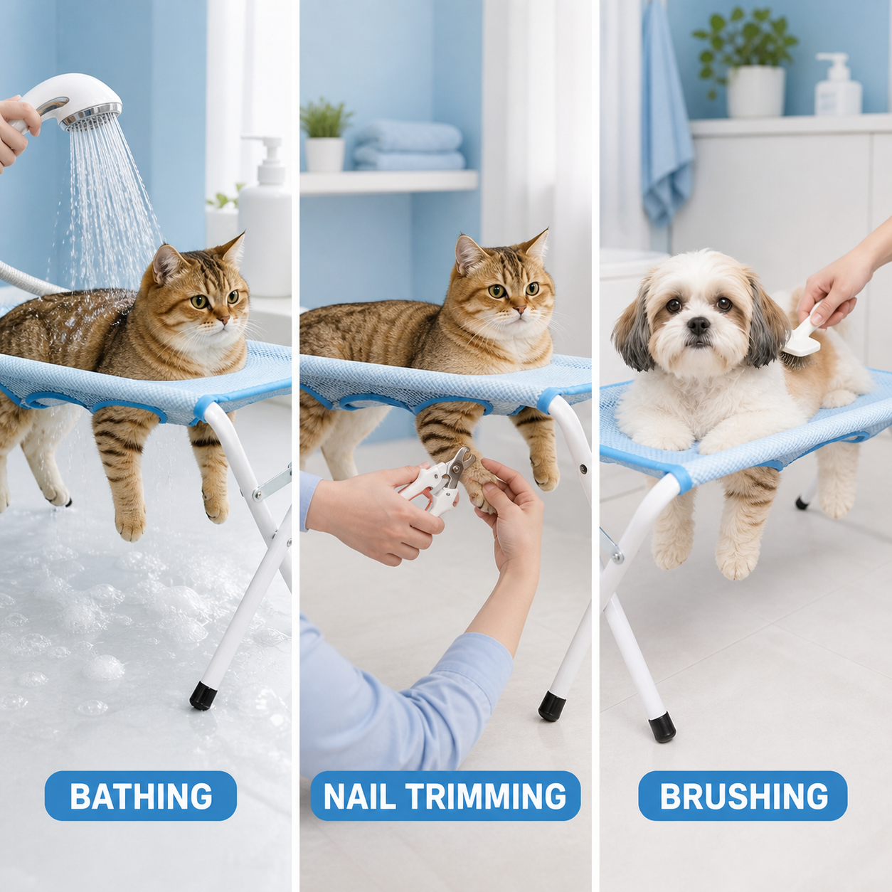 Pet grooming stand for bathing, nail trimming, and brushing