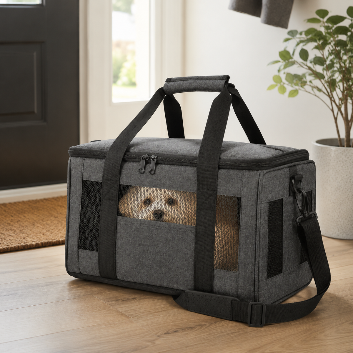 Small dog resting inside the gray AirMesh pet travel carrier