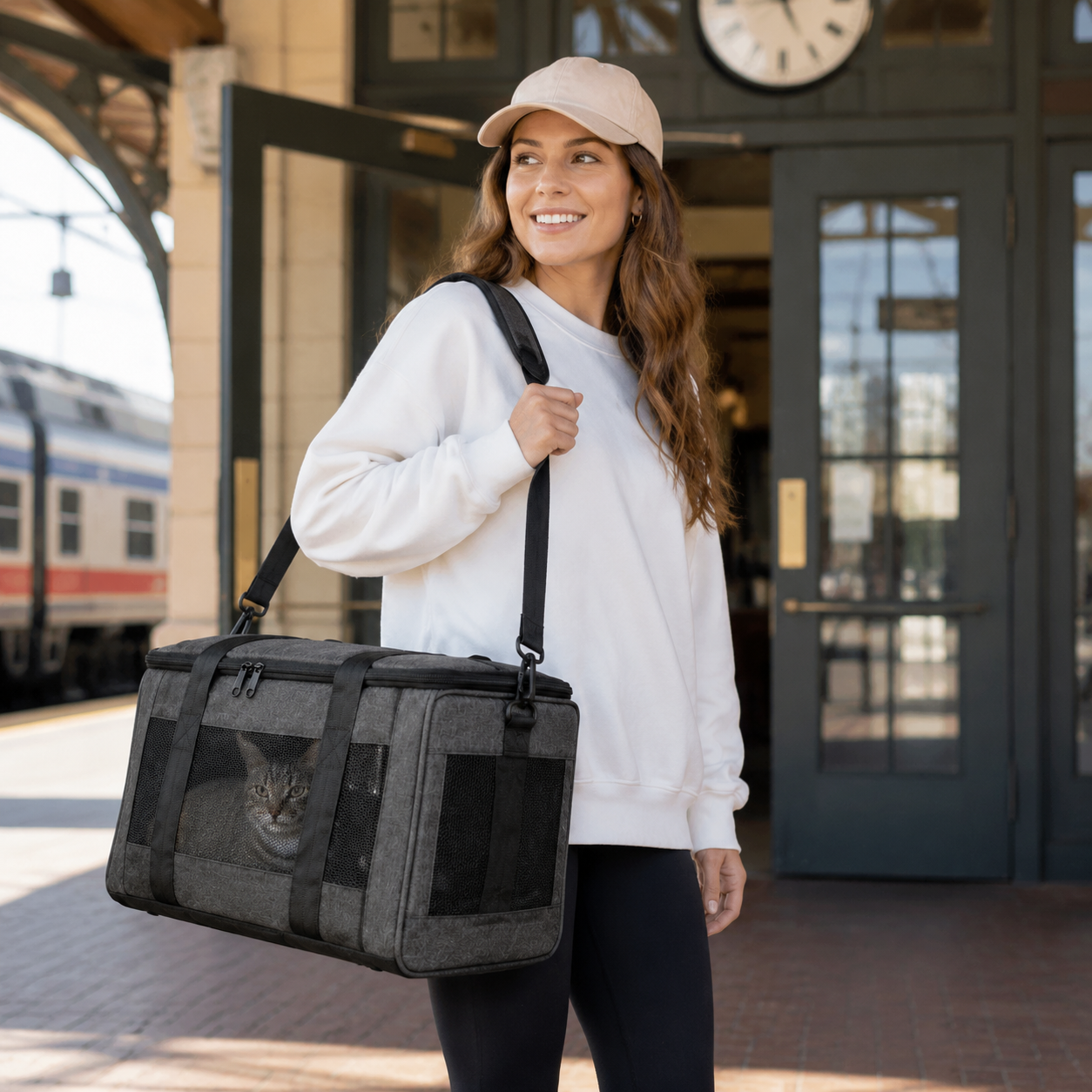 Woman carrying a tabby cat in the gray AirMesh carrier at a station