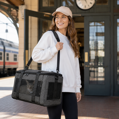 Woman carrying a tabby cat in the gray AirMesh carrier at a station