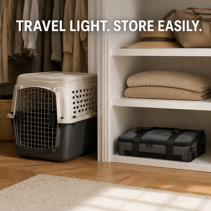 Foldable AirMesh carrier stored beside a bulky hard pet crate