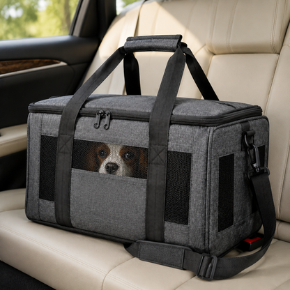 Small dog traveling in the gray AirMesh carrier on a car seat