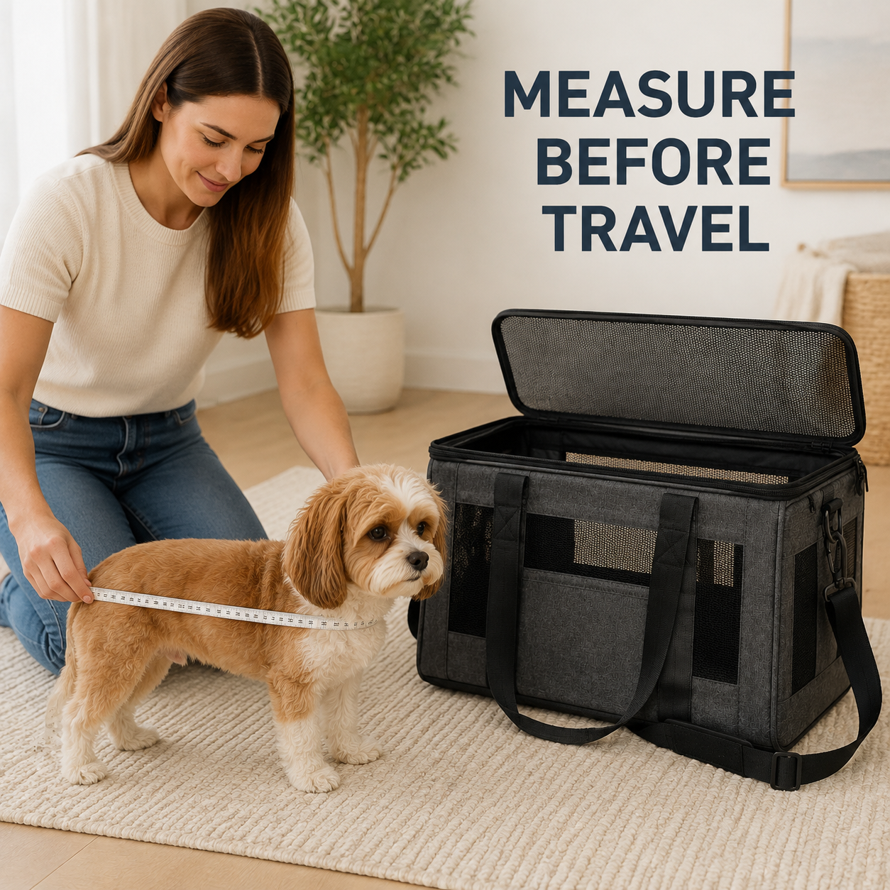 Pet owner measuring a small dog before choosing the AirMesh carrier