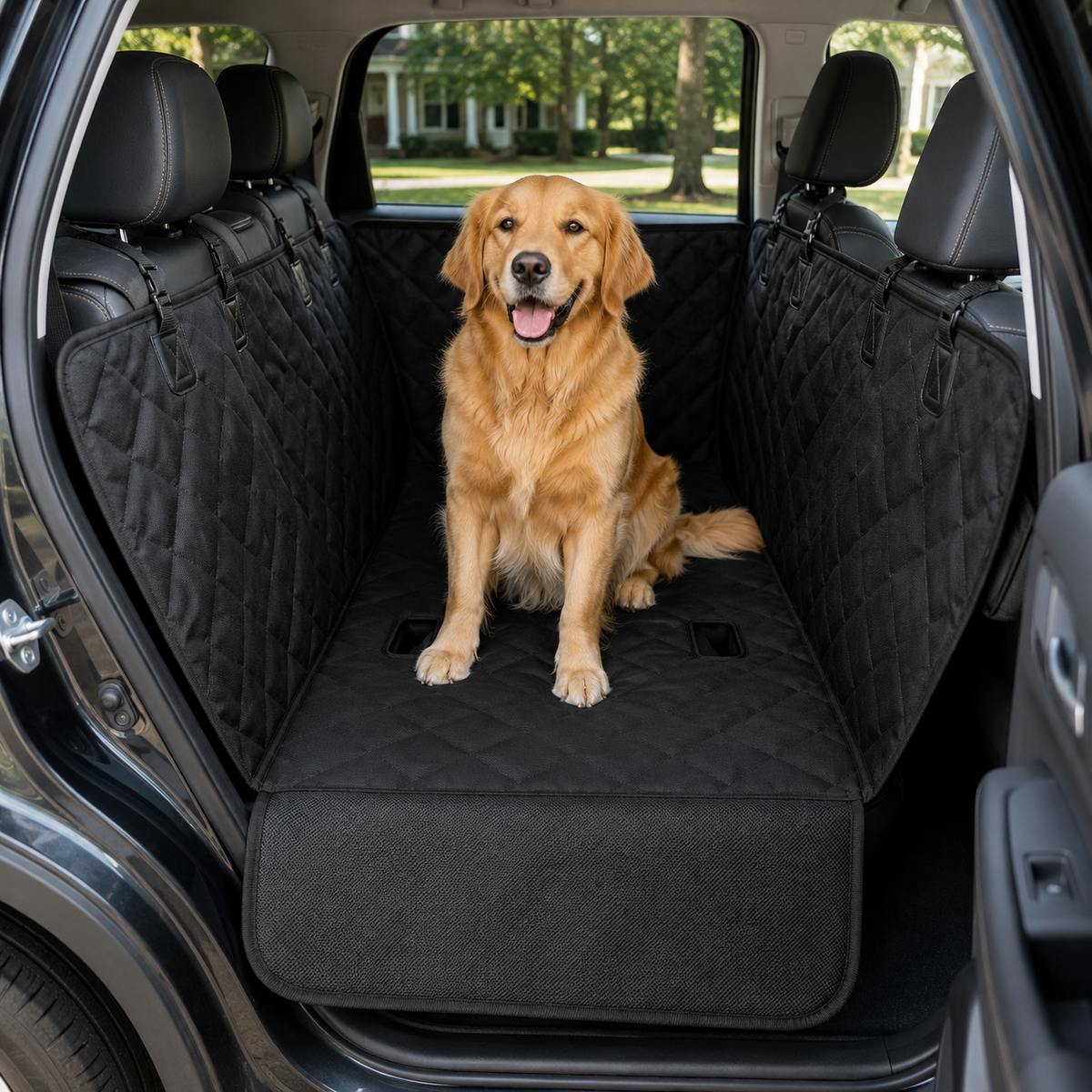 Golden retriever riding on the installed CleanRide black car hammock
