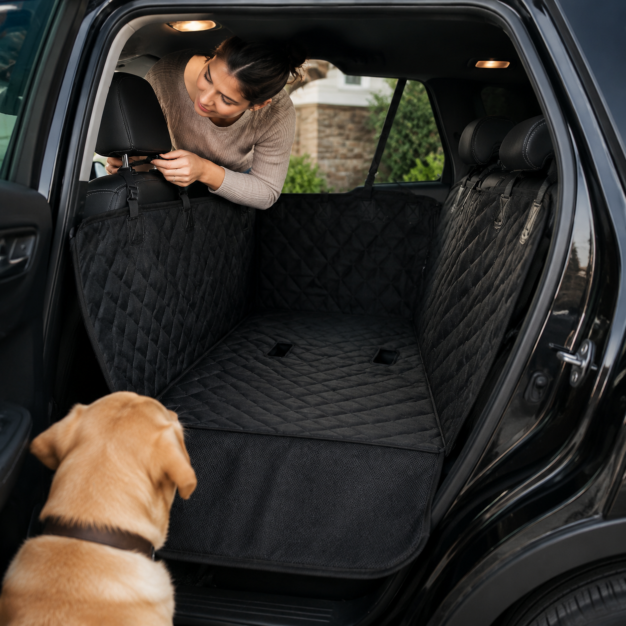 Owner installing the CleanRide hammock headrest strap in an SUV