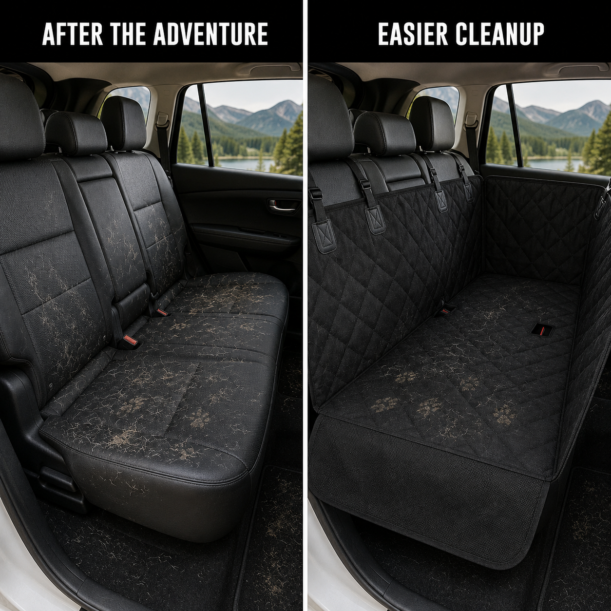 Rear seat cleanup comparison with and without the CleanRide cover