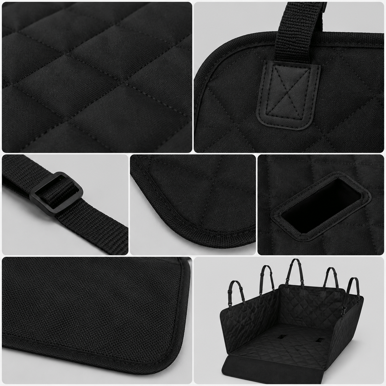 Close-up collage of CleanRide quilting straps edging and seat-belt opening