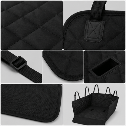 Close-up collage of CleanRide quilting straps edging and seat-belt opening
