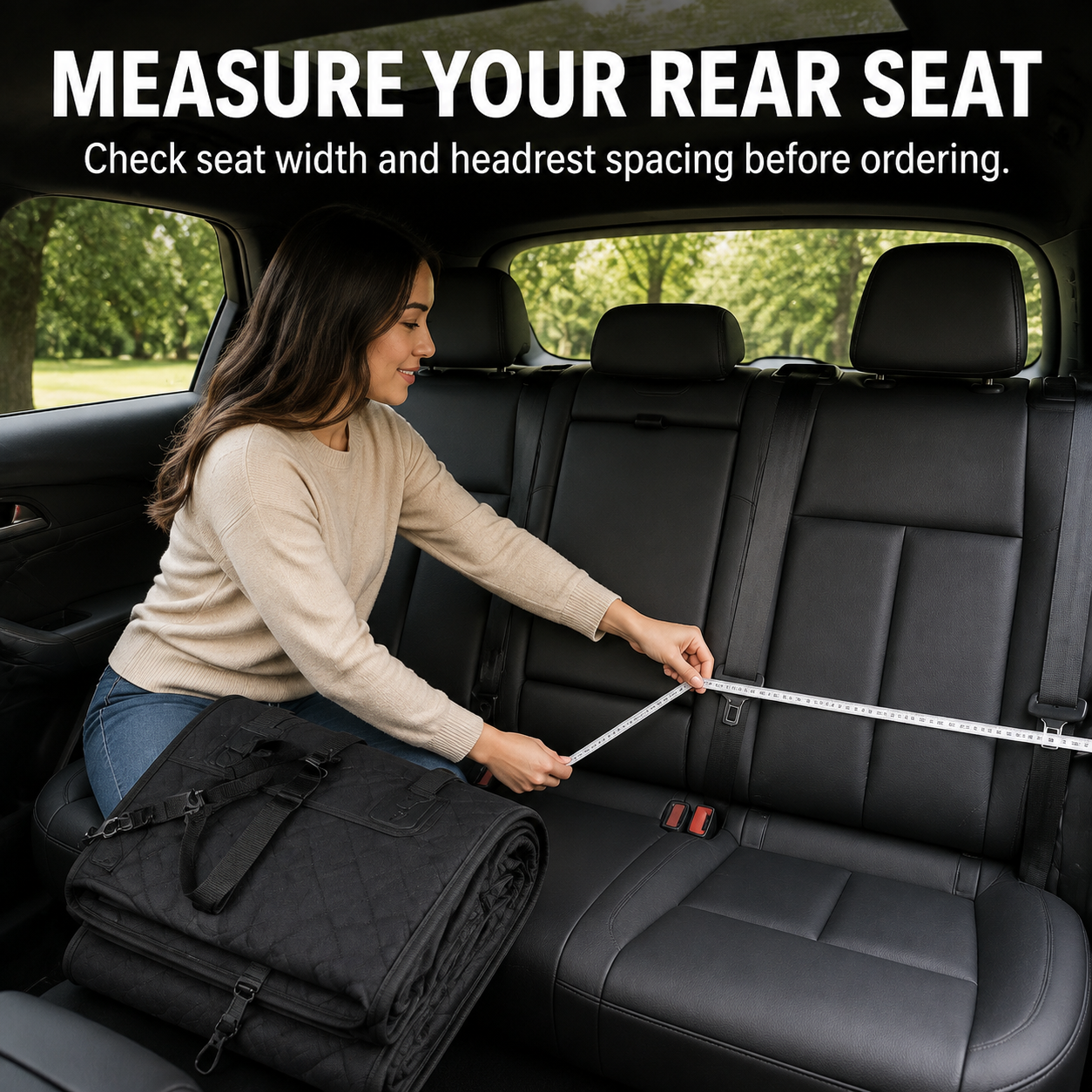 Owner measuring rear-seat width before installing the CleanRide hammock