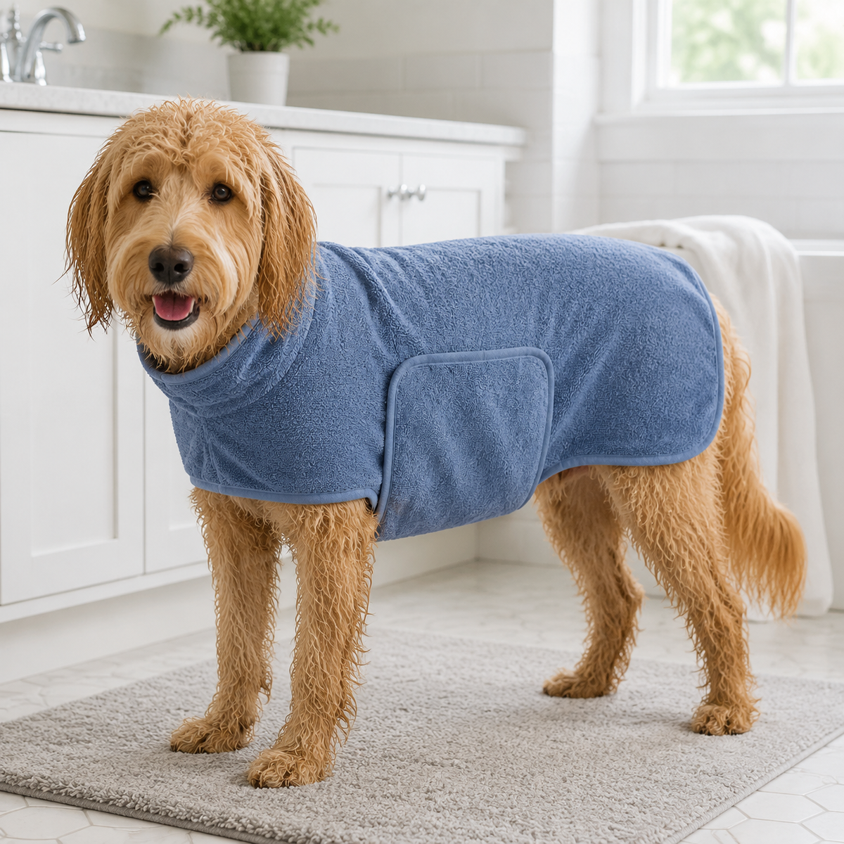 Wet golden doodle wearing the blue DryWrap pet bathrobe