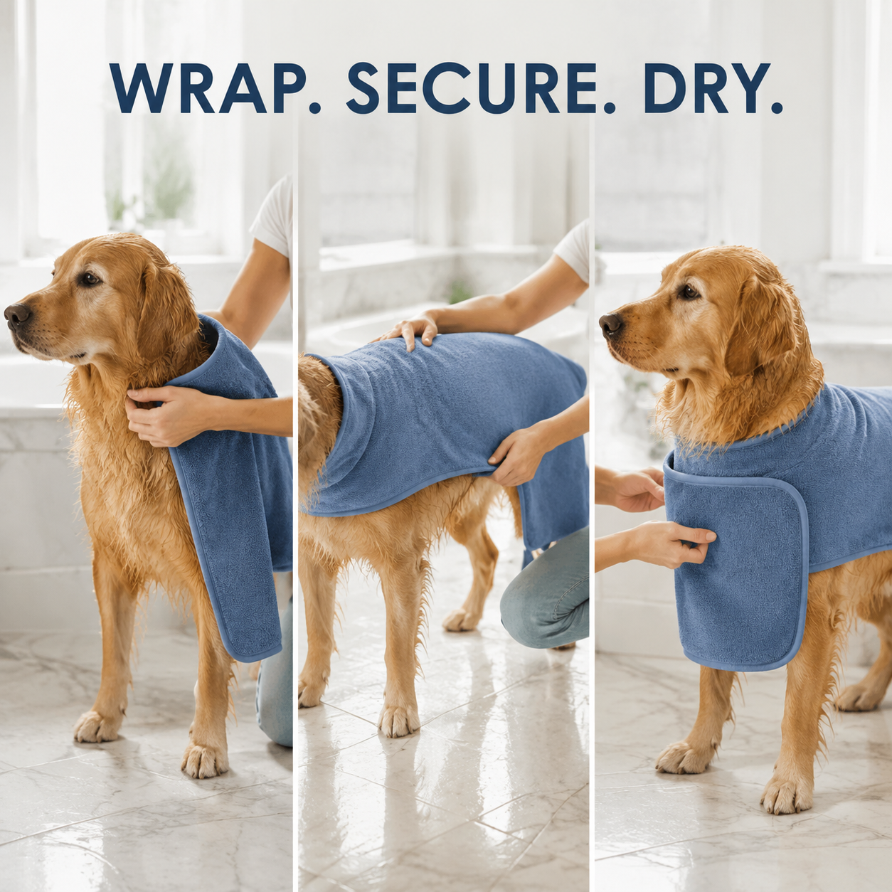 Three-step wrap secure and dry guide for the DryWrap pet bathrobe