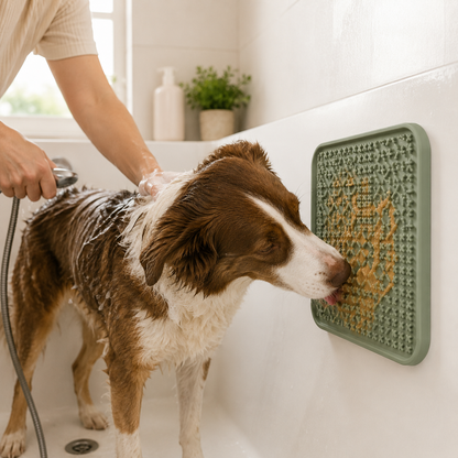 Dog using the EasyBath sage silicone treat mat during bath time