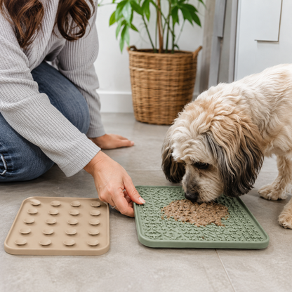 Owner serving a dog with the EasyBath two-pack silicone mat set