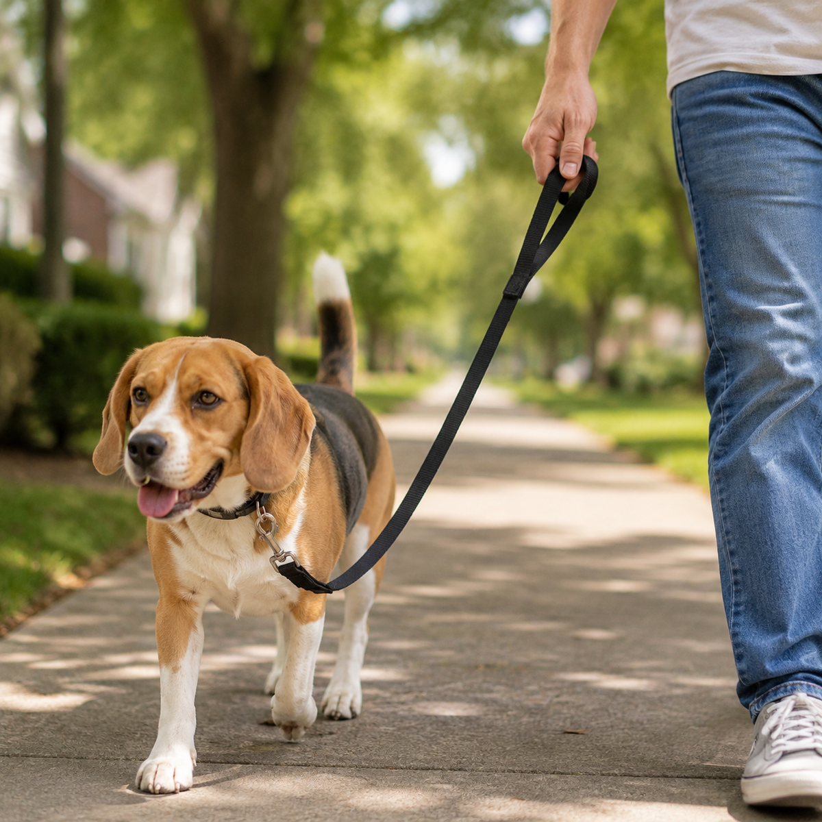 Beagle walking on the black Everyday woven dog leash