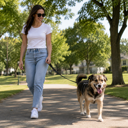 Dog owner walking a mixed-breed dog with the Everyday black leash