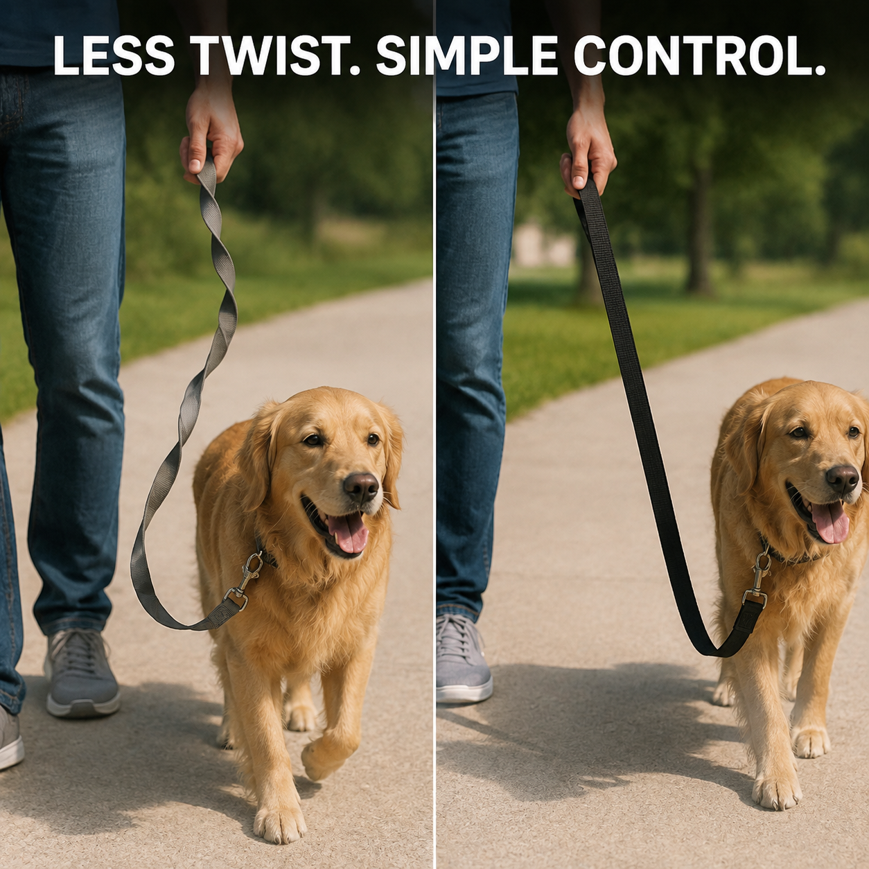 Leash twist comparison showing the silver swivel snap