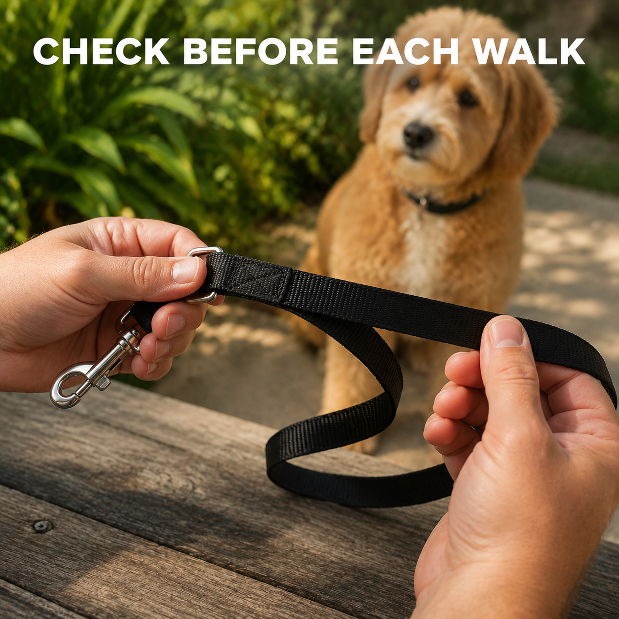 Owner checking dog leash webbing stitching and snap before a walk