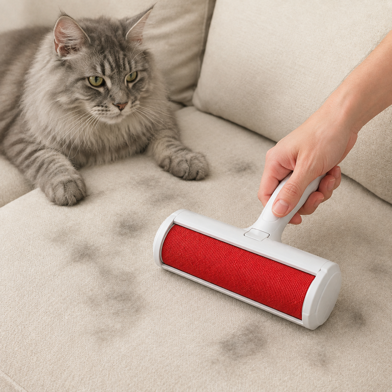 FurLift Pro roller removing cat hair from a cream sofa beside a gray cat