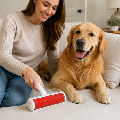 Pet owner cleaning a sofa with FurLift Pro beside a golden retriever
