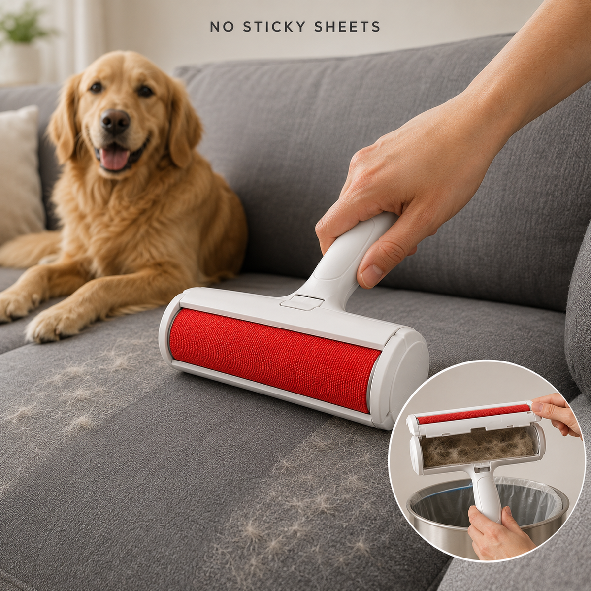 FurLift Pro reusable roller cleaning a gray sofa without sticky sheets