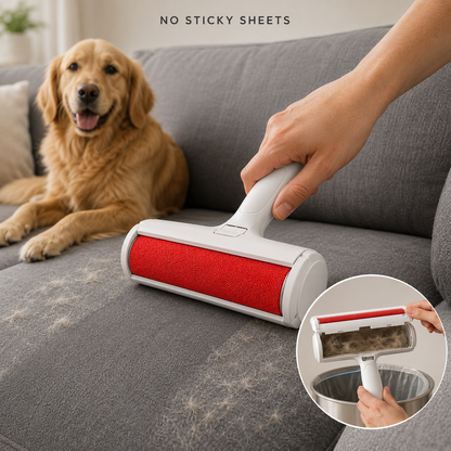 FurLift Pro reusable roller cleaning a gray sofa without sticky sheets