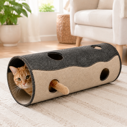 Orange tabby cat playing inside the HideAway felt tunnel