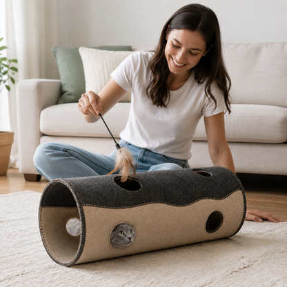 Cat owner using a feather wand with the HideAway felt cat tunnel