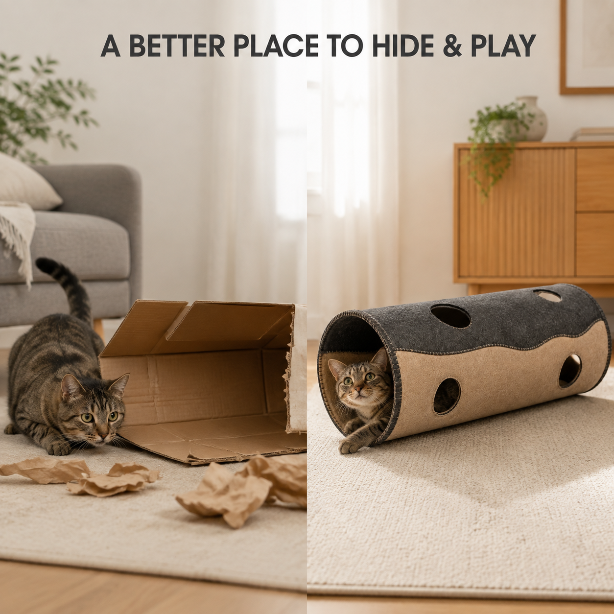 Cardboard box play area compared with the HideAway felt cat tunnel