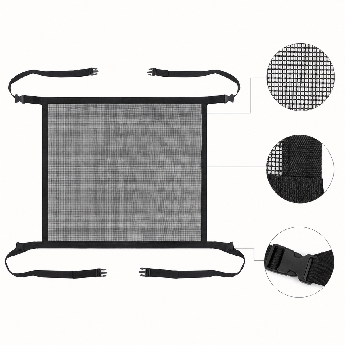 Black mesh pet car barrier showing stitched edging adjustable straps and buckle details
