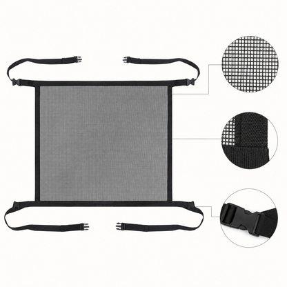 Black mesh pet car barrier showing stitched edging adjustable straps and buckle details