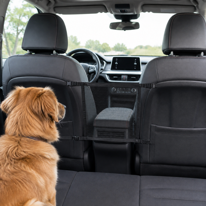 Compact black mesh pet car barrier installed between front seats with a dog seated in the rear