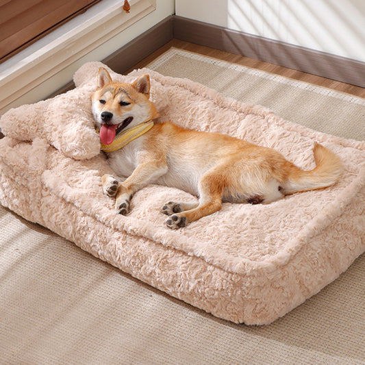SnugNest plush pet bed with a dog resting in the milk tea rectangular bed