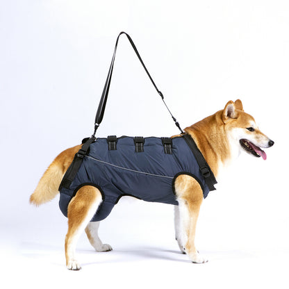 Side view of dog wearing the navy full-body mobility support harness
