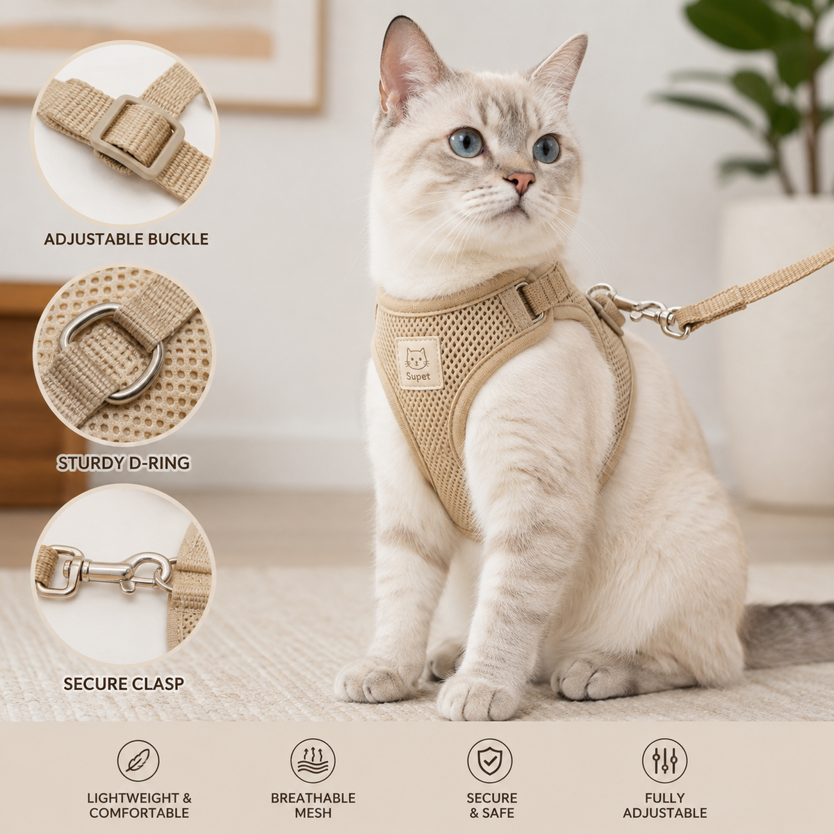 Cat wearing a lightweight adjustable harness and leash