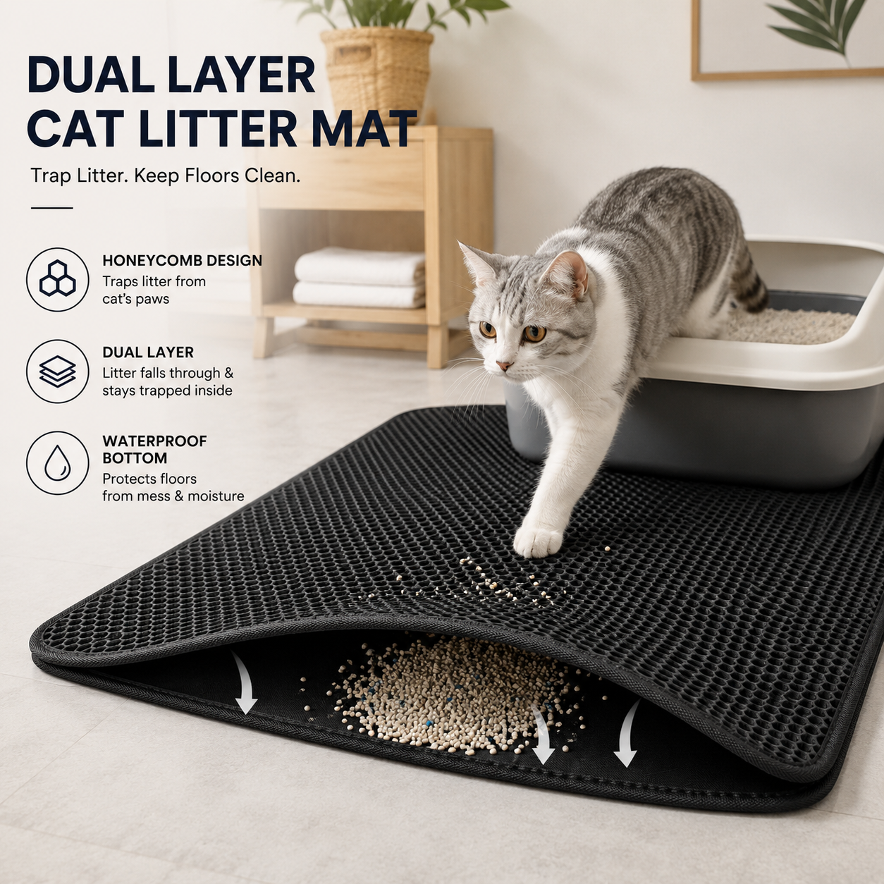 Cat stepping onto a dual layer litter trapping mat