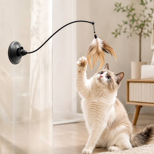 Indoor cat playing with a suction cup feather toy