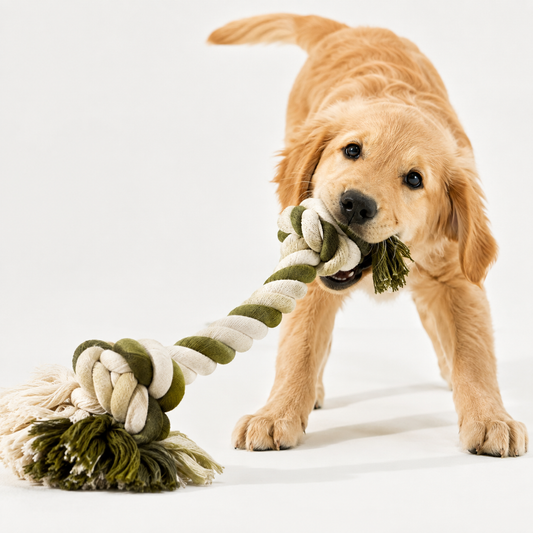 Golden retriever puppy playing with a cotton rope tug toy