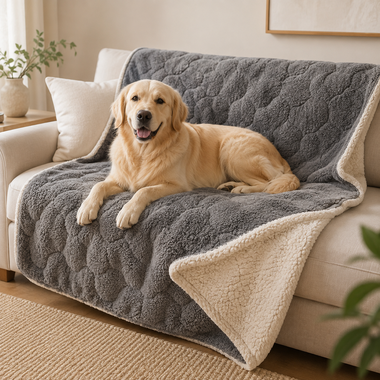 Golden retriever resting on a soft double-sided pet blanket