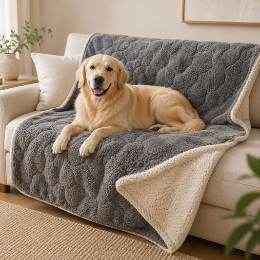 Golden retriever resting on a soft double-sided pet blanket
