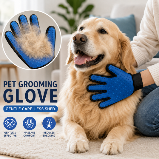 Golden retriever being groomed with a blue pet grooming glove