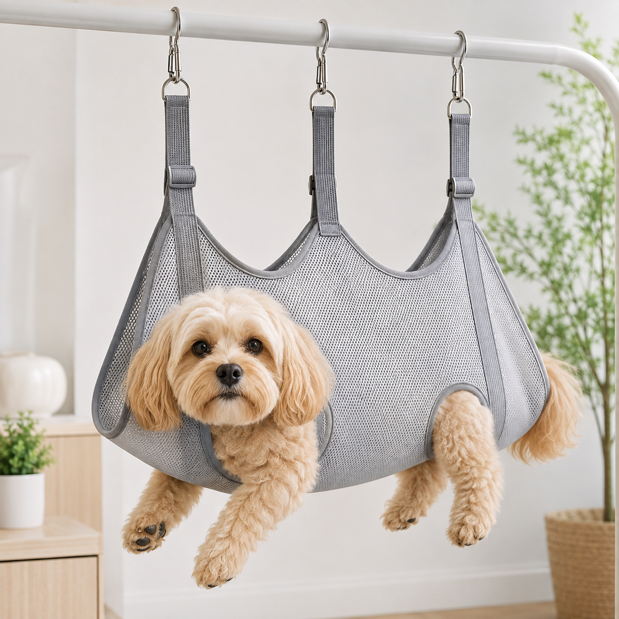Small dog supported in a gray pet grooming hammock