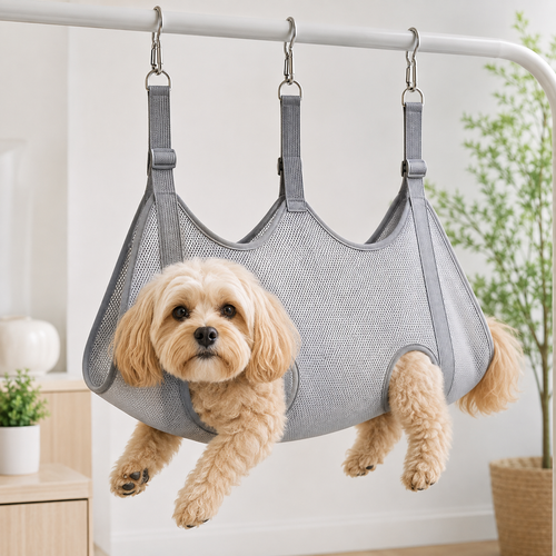 Small dog supported in a gray pet grooming hammock