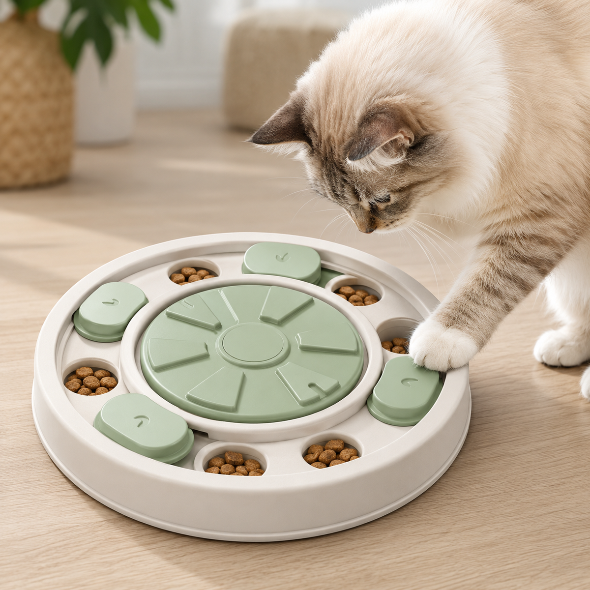 Cat interacting with a rotating treat puzzle feeder