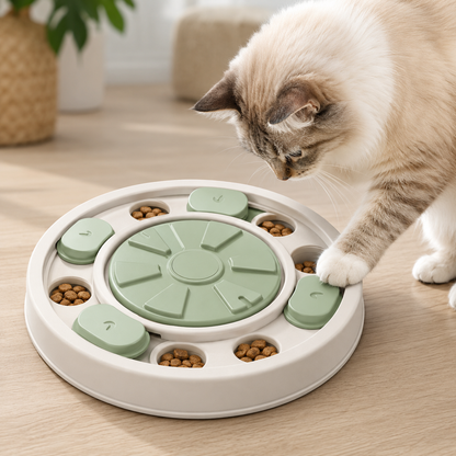 Cat interacting with a rotating treat puzzle feeder
