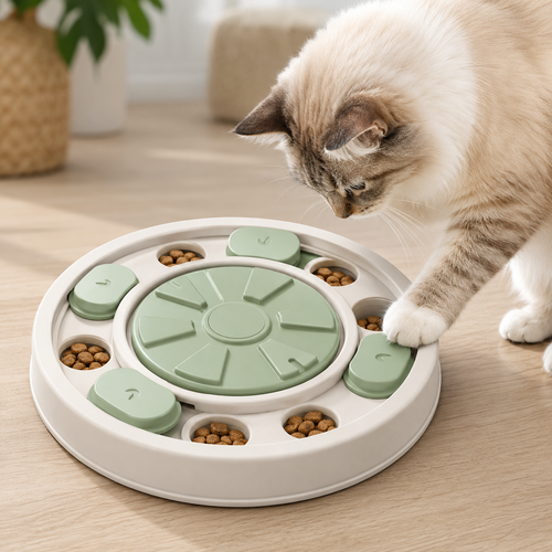 Cat interacting with a rotating treat puzzle feeder