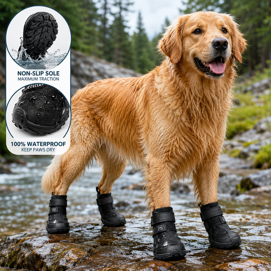 Golden retriever wearing black outdoor dog boots near a stream
